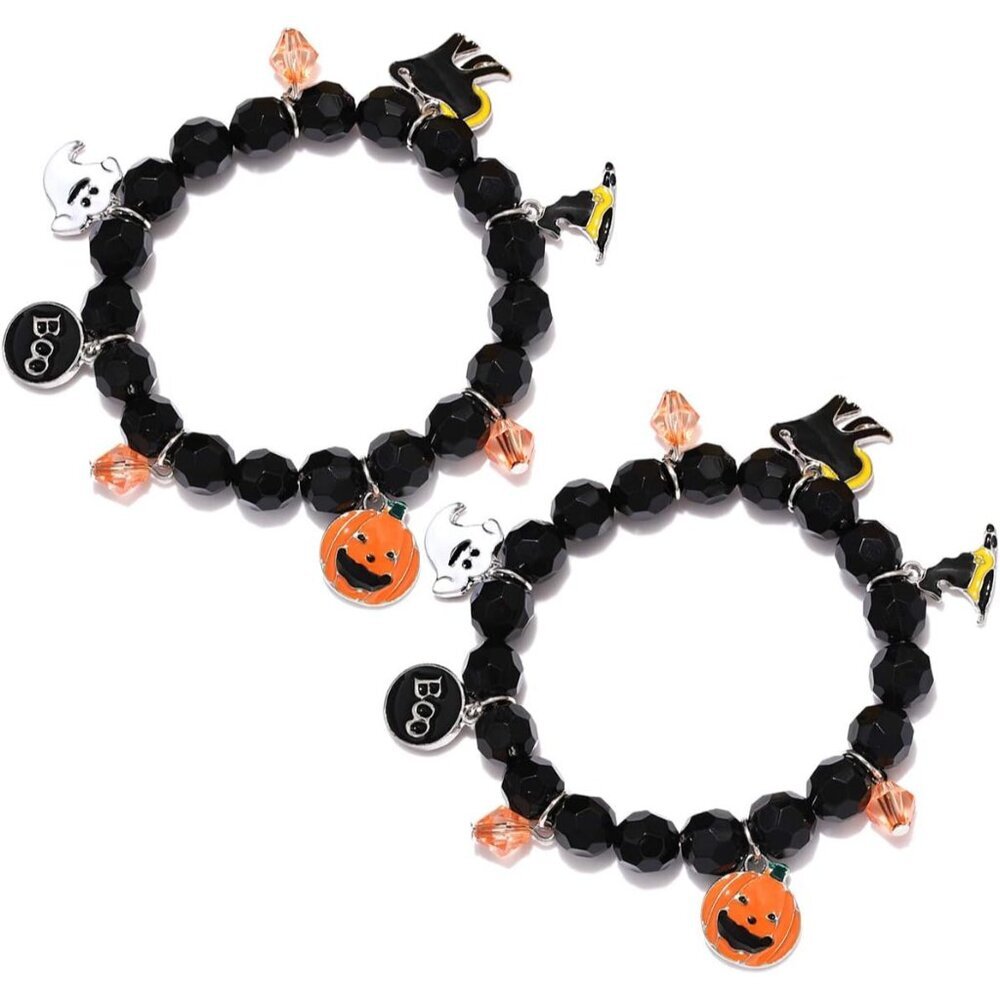 2PCS Halloween Bracelets for Women Pumpkin BOO Ghost Charm Bracelets Black Bead